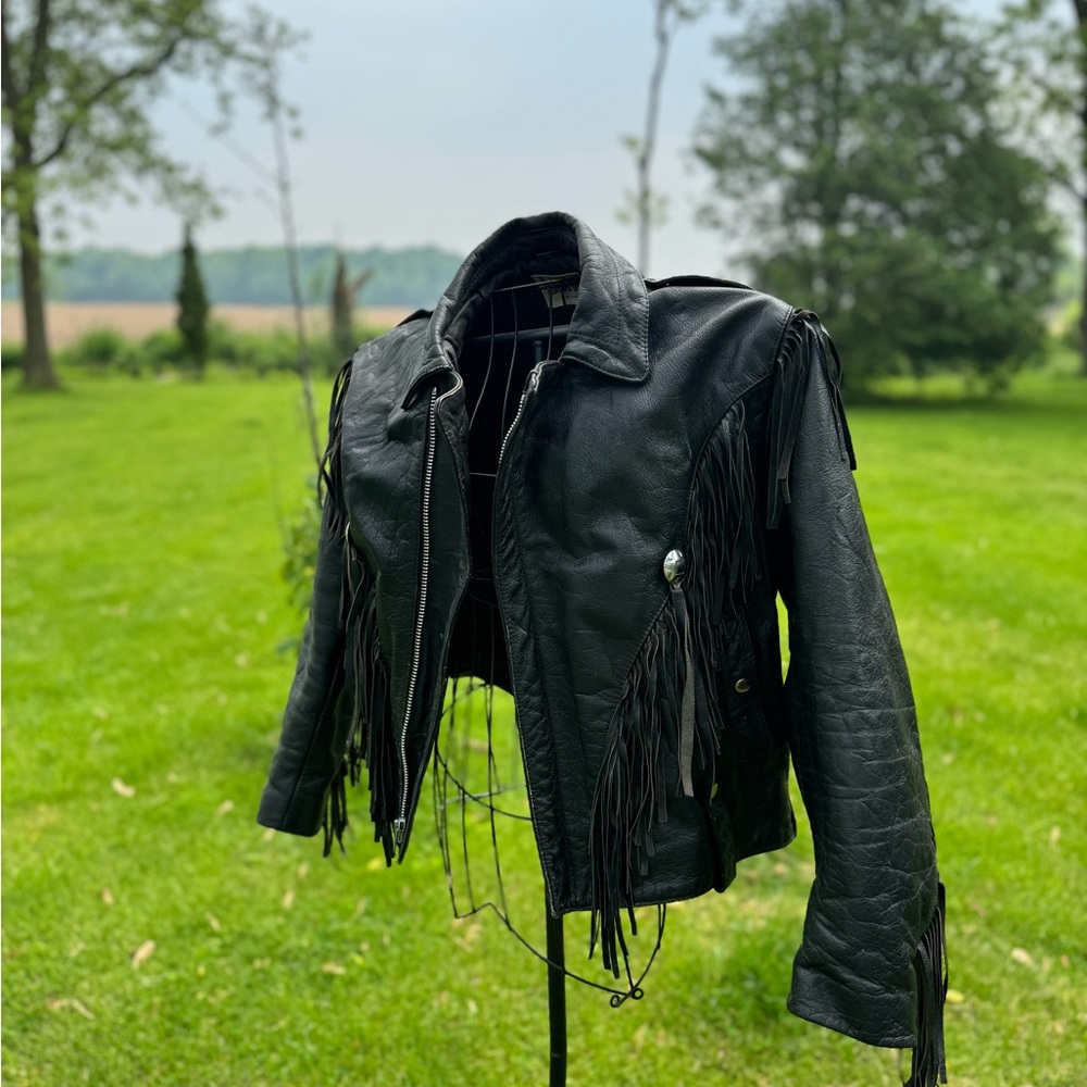 Black Leather Fringe Jacket - VINTAGE - Canadian made - as is